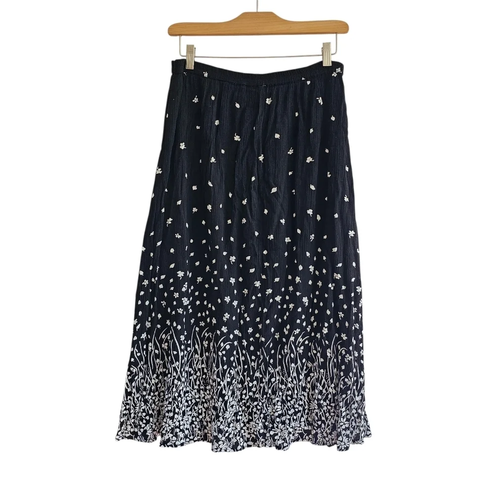 Cathy Daniels Vintage Crinkle Floral Print Maxi Skirt, Black and White, Size XL - Picture 2 of 11